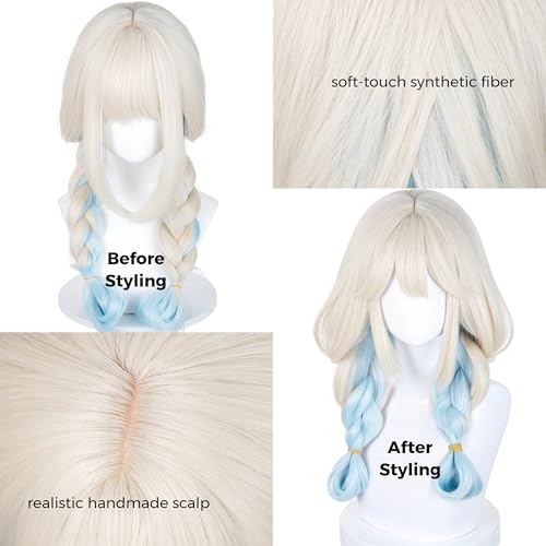 Image of Half and Half Long Blonde Blue Braid Anime Cute-Puppy Cosplay Wig with Bangs Kawaii Lolita Costume Wigs + Bow + Hairpins for Women Halloween Party