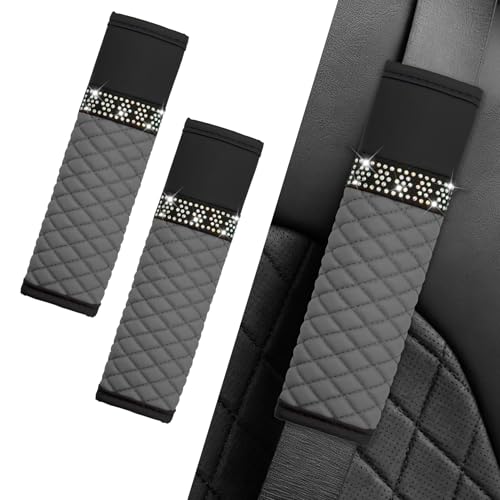 Surosha 2PCS Auto Seat Belt Cover, Seatbelt Cushion, Breathable Leather Shoulder Pads Protect Your Neck, Auto Accessories Sparkling Rhinestone Harness Pads Strap for Women and Girls (Black Grey)