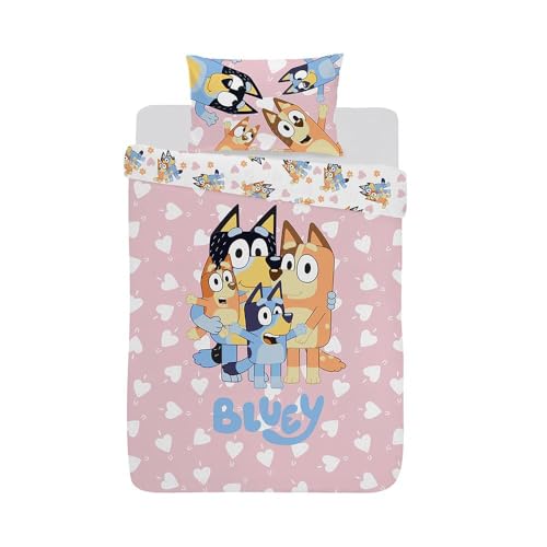 Bluey JP3-BLU-ILU-12 I Love U Junior Parure de lit avec housse de couette et taie d'oreiller pour chambre d'enfant Motif cœur Rose