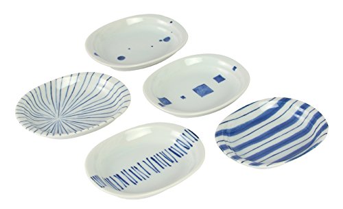 西海陶器染付幾何紋 楕円小皿 5枚セット 11cm (化粧箱入) 14142