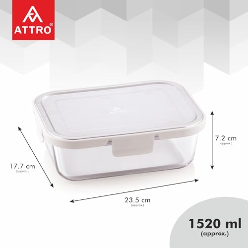 Image of ATTRO Glassox Borosilicate Rectangular Glass Lunch Box with Stainless Steel Lid Food Storage Container Microwave & Freezer Safe BPA-Free Food-Grade 1520ml, Transparent