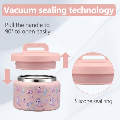 Image of PIQUEBAR 8oz Kids Thermo for Hot Food,Small Lunch Thermo Food Container Stainless Steel,Easy Open Wide Mouth Thermo for Hot Cold Food for Preschool Travel (Pink Seahorse)