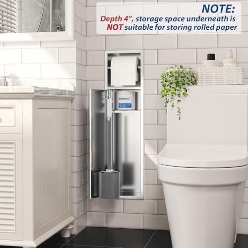 Qeke Recessed Toilet Brush Holder, 4" Depth SUS304 Stainless Steel Rustproof Recessed Toilet Brush Holder, in Wall Tissue Brush Storage Cabinet for Bathroom, Brushed Nickel by Qeke - Image 3