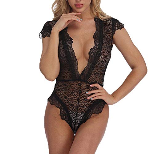 Lingerie sexy noire en dentelle avec body col en V plongeant taille XL