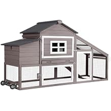 GUTINNEEN Chicken Coop with Wheels Mobile Outdoor Hen House Weatherproof Duck Cage with Large Nesting Box, Leak-Proof Tray, UV-Resistant Roof for 2-4 Chickens Brown & White