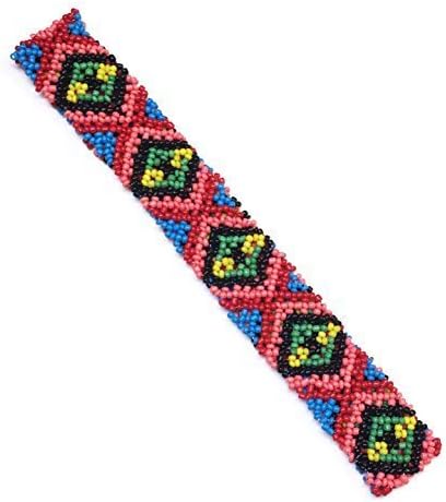 WigsPedia Native American Pattern Elastic Stretch Seed Bead Beaded Headband Hair Accessories (Black/Pink/Blue/Green Diamond)