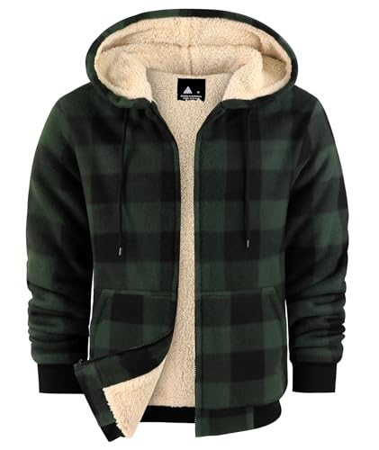 Image of Mens Plaid Hoodies Winter Zip Up Fleece Jacket Sherpa Fleece Lined Warm Flannel Jacket Coat