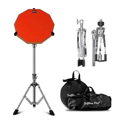 Image of Softline Pro Drum Practice Pad, 12 inch & 10 Corners Dumbed Adjustable & Foldable Drum Practice Pad Kit, Double Side with Stand & Bag (SP-DPPK-40-Kit- Orange)