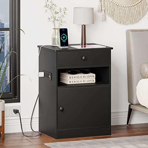 Hasuit Night Stand Set of 2 with LED Lights and Charging Station, Modern Bedside End Table with 2 Fabric Storage Drawers, Black Nightstands for Bedroom