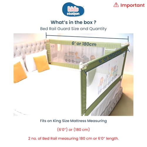 Image of Kids Station 2 Side with Pocket Bed Rail Guard (6ft x 6ft / 180cm x 180cm), Bed Railing for Baby Safety, Kids Toddler Bed Protector Side Walls, Adjustable Height, Portable & Foldable (Green)