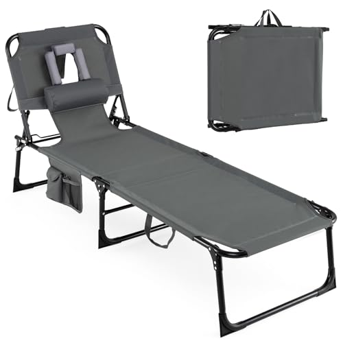 COSTWAY Tumbona Plegable, Agujeros para Cara y Brazos, Tumbona Reclinable con Respaldo Ajustable de 5 Niveles, Bolsillos y Almohada, Espreguiçadeira Jardim Playa Piscina, Carga 150kg (Antracita)