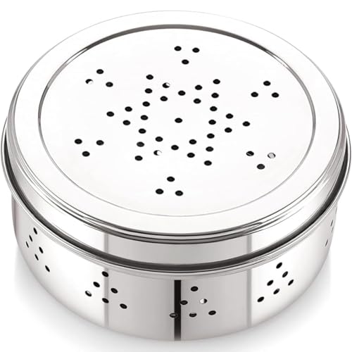 Image of Stainless Steel Green Coriander Storage Box Curry Leaves Box Set, Sprouts with air Ventilation Food containers Silver Dabba Flat Box Steel Dabba (Dhaniya 600 & 800 ML)