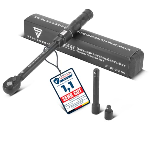 STAHLWERK Drehmomentschlüssel TWS-210 ST 72 Zähne 30-210 Nm 1/2 Umschaltknarre | Ratschenschlüssel | Ratsche | Knarre mit Mikrometerskala inklusive Verlängerungsstange und 3/8 Adapter
