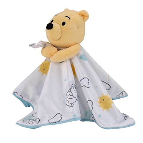 Image of Disney Winnie The Pooh White, Yellow, and Aqua Sunshine and Clouds Super Soft Sherpa Baby Blanket and Security Blanket 2-Piece Set