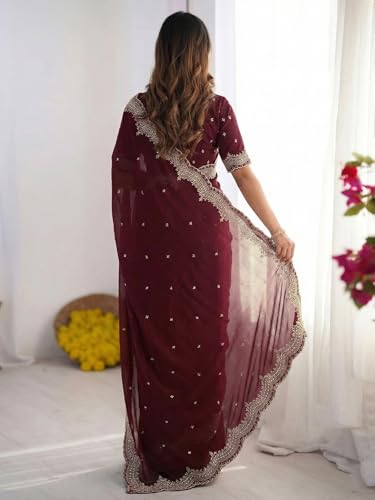 Image of SIRIL Women's Shimmer Georgette Scalloped Border Sequins Embroidery Saree with Unstitched Blouse Piece