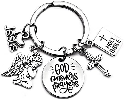 Kit's Kiss Christian Gift Religious Keychain Jesus Keychain I Love Jesus Cross Holy Bible Angel Prayer Charm God Answers Prayers Keyring,Silver,KG01 image 4