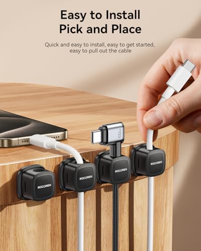 Image of 8 Pack Magnetic Cable Clips, Rocoren Under Desk Cord Holder Cable Management-1s Lock, Adhesive Cord Cable Clip Wire Holder Keeper Organizer for Phone Car Home Office Desk Wall Desktop Nightstand