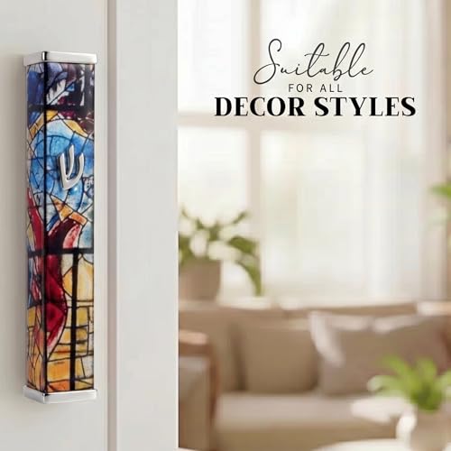 Image of SURI Mezuzah with Scroll for Door | 4 Inch Modern Aluminum Mezuzah Case | Fits 3 Inch Scroll | Gold & Silver Chagall-Inspired Design | Self Adhesive Easy Install | Judaica Jewish Gift