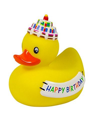 Patito de goma con diseño de feliz cumpleaños, color amarillo y multicolor