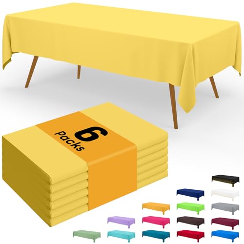 Image of Smiry Disposable Table Cloth - 6 Pack, 54 x 108 Inch Waterproof Rectangle Tablecloths for Parties, Decorative Plastic Table Cover, Leakproof & Sturdy, Yellow