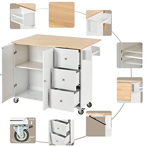 Rolling-Kitchen-Island-with-Solid-Wood-Top-and-Locking-Wheels-Mobile-Kitchen-Cart-with-Storage-Cabinet-and-Drop-Leaf-Breakfast-Bar-Spice-Rack-Towel-Rack-Drawer-White Rolling Kitchen Island with Solid Wood Top and Locking Wheels Mobile Kitchen Cart with Storage Cabinet and Drop Leaf Breakfast Bar Spice Rack Towel Rack Drawer White