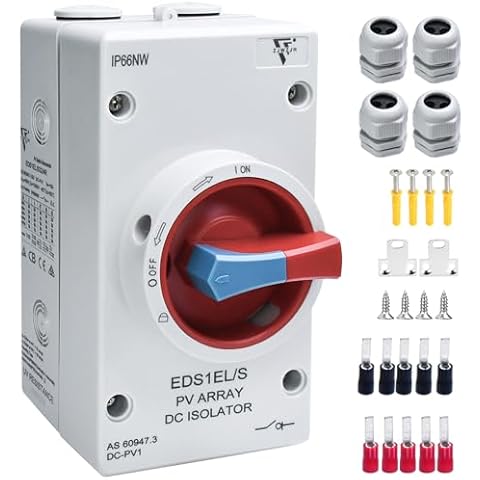 Waterproof IP66 Solar Disconnect Switch 4-Pole Red DC1500V 32Amp Isolator Solar Switch with Enclosure for Rooftop Solar Systems, RVs and Boat Cover