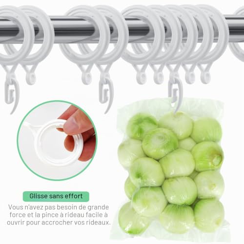 WCIC Lot de 48 anneaux de rideaux et crochets – Anneaux de suspension en plastique blanc de 30 mm avec crochets pour rideaux – vue 5