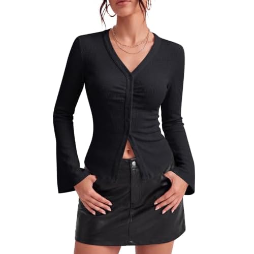 Arolina Women Bell Sleeve Blouse Button Down Ruched Y2K Shirts