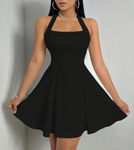 Image of PerZeal Women's Summer Halter Dress Backless Mini Beach Party Dress Sleeveless A-Line Sundress Casual Club Dress