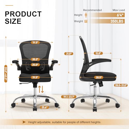Image of Office Chair, Ergonomic Desk Chairs 330LBS Capacity High Back Mesh Computer Chair with Flip-up Armrests, Comfy Work Chair with Adjustable Lumbar Support, Rolling Chair