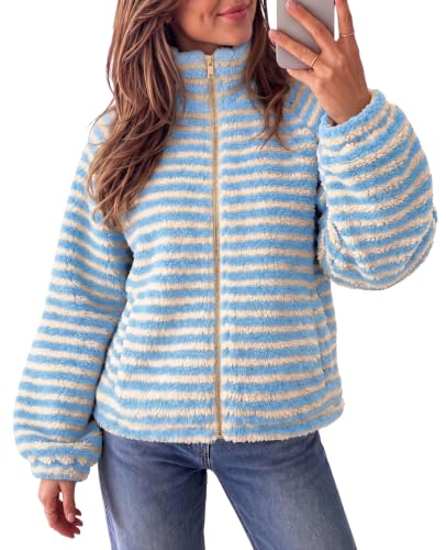 Fisoew Womens Fleece Jacket Zip Up Fuzzy Oversized Sherpa Striped Coat - image 1