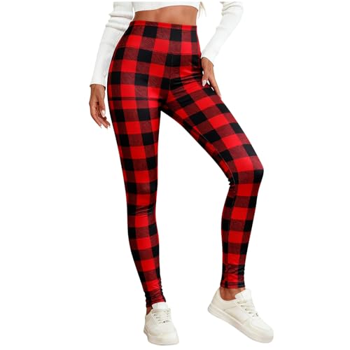 Fleece Lined Leggings Women Checkered Fleece Lined High Waisted Legging Fashion Winter Thermal Warm Outdoor Pants Red Fashion Leggings for Women S