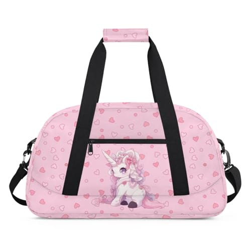 Gym Bag for Kids Girls, Lovely Unicorn Pink Small Duffel Bag with Padded Handles Carry On Weekend Travel Bag for School Practice Ball Games