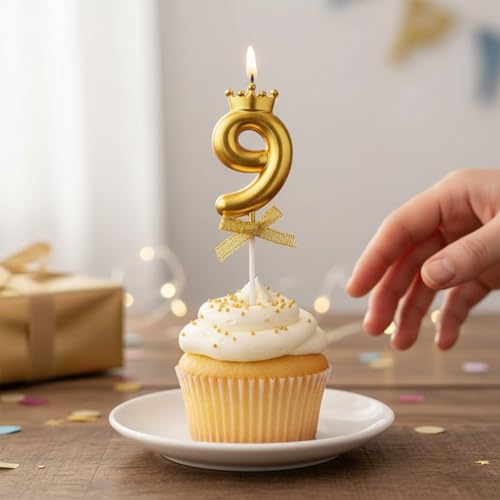 Image of Rozi Decoration Number 9 Birthday Candle with Crown Design | Gold Numeric Cake Candle with Stick | Party Cake Topper for Kids and Adults