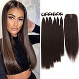 Synthetic Hair Bundles with Easy Closure Medume Brown Yaki Straight Hair Weft Weave for Women Heat Resistant Fiber Synthetic Hair Extension 7pcs for A Full Head Total 240g