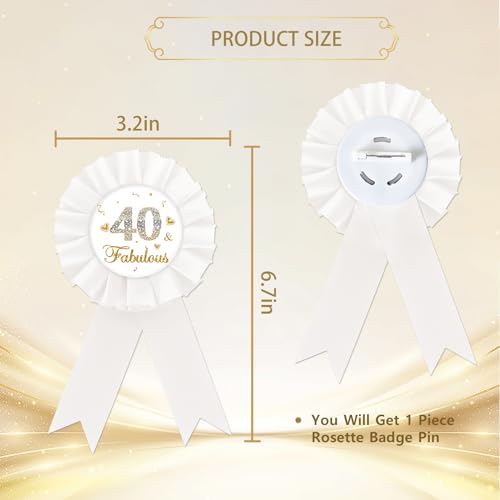 Image of White 40 & Fabulous Tinplate Badge, Gold Glitter Happy 40th Birthday Button Pin, Birthday Rosette Badge Pin for Women, Brooch Buttons for Forty Birthday Party