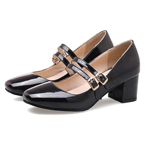 Women's Vintage Platform Mary Janes Soft Mid Block Heels Dress Shoes Comfy Buckle Strap Cushioned Work Office Dress Shoes Black Cover