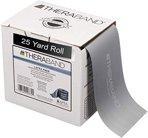 TheraBand Resistance Band 25 Yard Roll, Super Heavy Silver Non-Latex Professional Elastic Bands For Upper & Lower Body Exercise, Physical Therapy, Pilates, & Rehab, Dispenser Box, Advanced Level 2