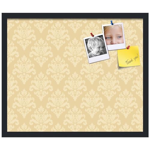 PinPix 24x20 inch Cork Bulletin Board. This Decorative Framed Pin Board Comes with Damask Tan Design and Satin Black. Ideal for Home, Office Decor or School (PinPix-2132)