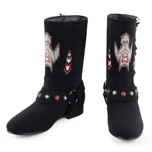 FancyQueen Womens Wide Width Ankle Boots Fringe Flat Moccasins Boots Slouchy Studded Embroidery Booties Comfort Short Boot2