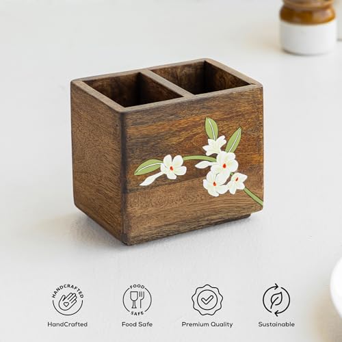 Image of Aurum Crafts Bella Mango Wood Cutlery Stand | Spoon & Fork Stand for Kitchen | Cutlery Holder for Dining Table | Multipurpose Kitchen Organizer (15 x 15 x 15 cm / 6 x 5 x 5 inches)