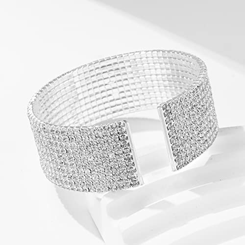 Ecesha B003 Sparkly Silver Simple 10 Rows Rhinestone Crystal Cluster Wide Arm Cuff Bracelet Wedding Jewelry thumb #4