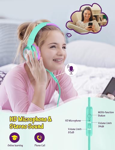 Image of Voopwink Kids Headphones with Microphone, Wired Over Ear Headsets with Limited Volume 85dB / 94dB for Boys Girls Teens Children Online School /Travel /iPad /Tablet /Cellphone