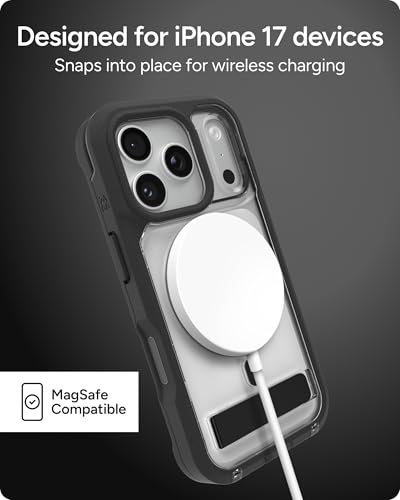 Image of ZAGG Rainier Case with Kickstand for iPhone 17 Pro - Black, Graphene 22ft (7m) Drop Protection, Lanyard Attach Points, MagSafe, Wireless Charging Compatible, 2-Piece Design, Phone Case