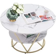 ivinta Round Coffee Table, 2-Tier Center Table with Storage Shelf and Gold Metal Frame for Living Room, COFF-39 White