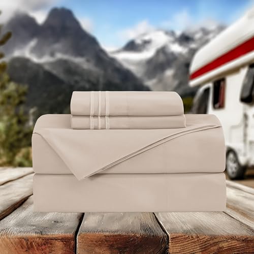 Image of Elegant Comfort Luxurious 1500 Premium Hotel Quality Microfiber Three Line Embroidered Softest 4-Piece Bed Sheet Set, Wrinkle and Fade Resistant, RV Short Queen, Cream