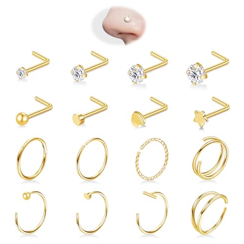 16PCS Nose Ring Studs 20G Nose Ring Hoop, L Shaped 14K Gold Plated 316L Surgical Steel Hypoallergenic Studs Set Clicker Hinged Ball CZ Piercing Jewelry for Women Men