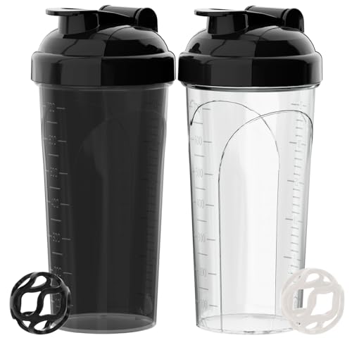 PZMLOASN Lot de 2 shakers protéinés, 700 ml, avec bouchon à vis anti-fuite, sans BPA, en matériau adapté aux biberons, pour homme et femme, noir et blanc