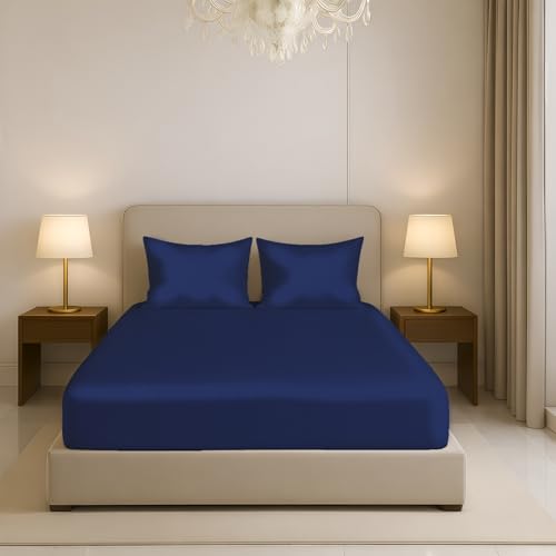 Image of Luxe Ere Elastic Fitted Satin Bedsheet Queen Size (78x60) with 2 Pillow Covers, Ultra-Smooth 300TC Silky Fabric, Perfect for Home Decor, Gifting & Romantic Escapes-Imperial Indigo