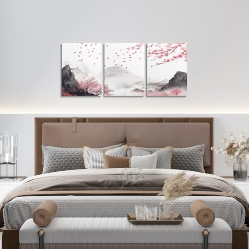Erosebridal Pink Cherry Blossom Pictures Prints,Japanese Ink Painting Mountain Wall Decor Sakura Floral Canvas Wall Art Aesthetics Framed Posters Paintings For Bedroom Bathroom 3 Piece 12"X16" by Erosebridal - Used condition - Image 4